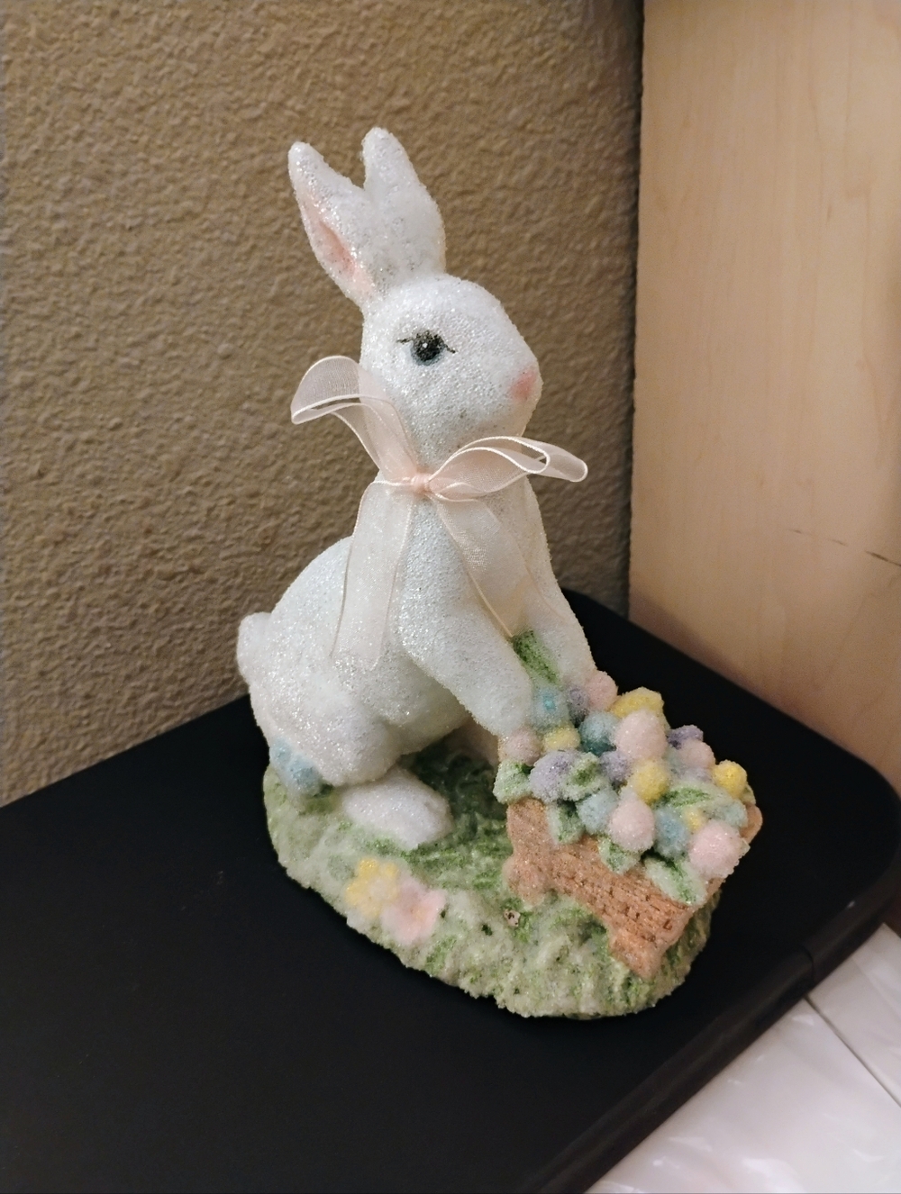 Vintage White Frosted Easter Bunny Pushing Cart Of Eggs Ornament Figurine